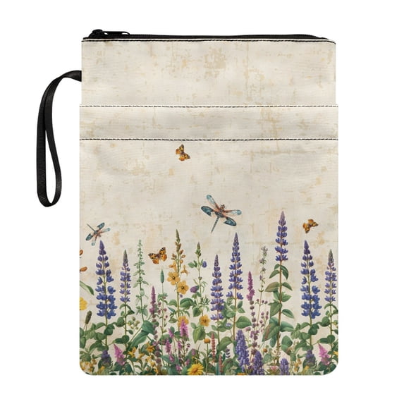 HELLHERO Butterfly and Dragonfly Pattern 1 pc Zipper Bag with Pocket Retro Book Storage Bag with Zipper for Books Lovers Carrying Book Case