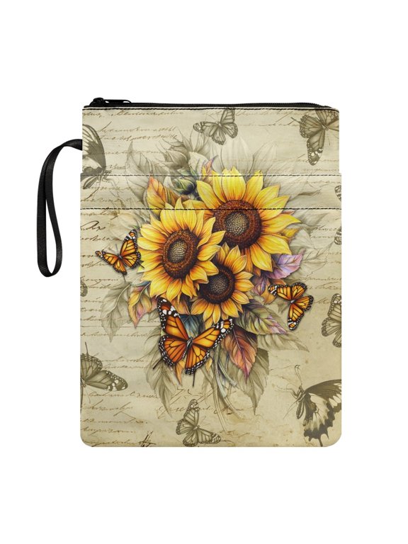 Butterfly and Sunflower Design Gift Bag Notebook Wraps with Zipper Washable Polyester Fabric Book Cover Carrying Case Lightweight