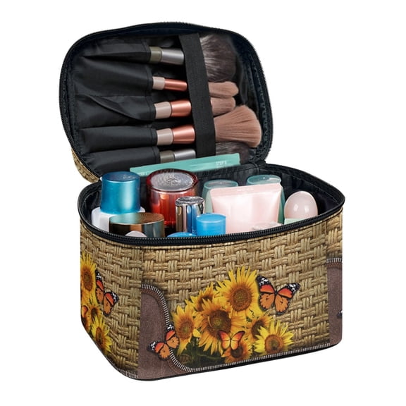 HELLHERO Butterfly and Sunflower Pattern Large Make Up Bag with Large Capacity Portable Hanging Organizer Polyester Portable and Durable Woman