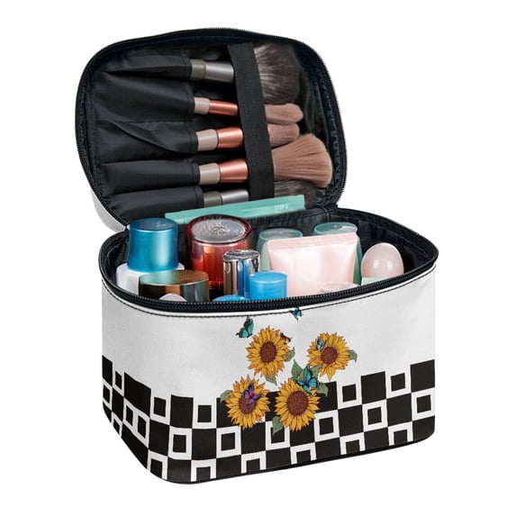 HELLHERO Butterfly and Sunflower Pattern Wide Open Portable Pouch Travel Makeup Bag with Brush Slots Makeup Brush Holder Bag 8.86 x 6.5 x 5.9 Inches