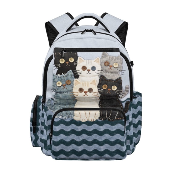 HELLHERO Button Eye Cats Pattern School Backpacks with Pockets Durable Toddler Bookbag, Lightweight 17 Inch Little Girls Backpack for Elementary School Back to School