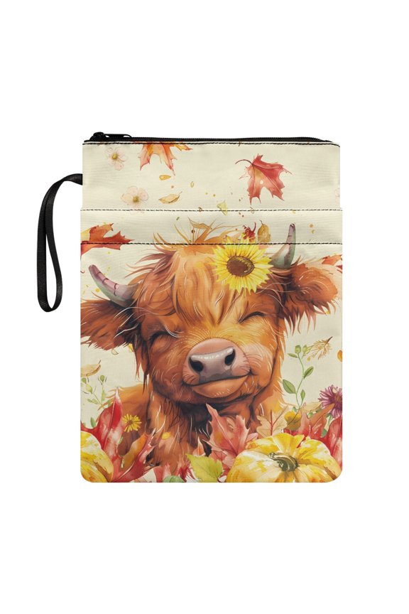 Calf and Sunflower Pattern Book Sleeve Protector Polyester Fabric Book Storage Bag Easy Carry Book Case with Pocket Book Cover Book Carrying Case