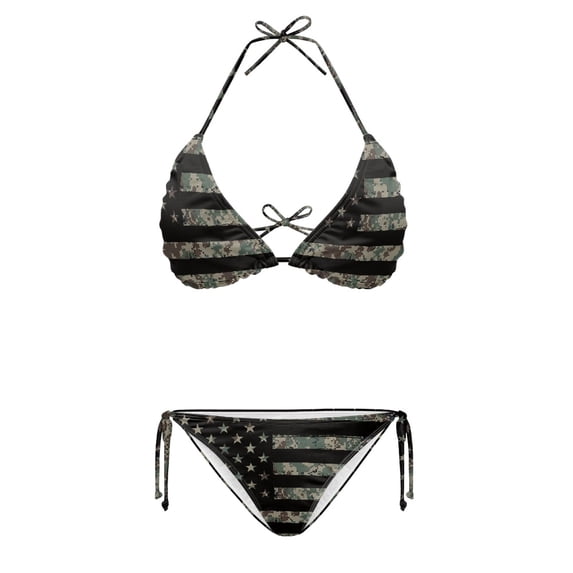 HELLHERO Camo American Flag Print Ladies Bikini Set Two Piece Swimwear Halter Triangle Bathing Suit Lightweight Women's Swimwear for Beach