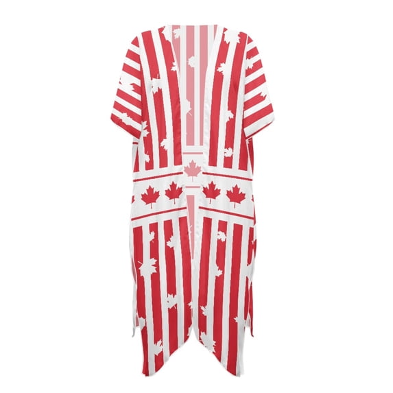 HELLHERO Canadian Maple Leaf Stripe Kimono Cover Up - Lightweight Breathable Beachwear for Summer Vacation, Pool & Resort - Women's Loose Fit Swimsuit Coverup
