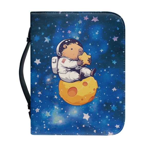 HELLHERO Capybara Astronaut on Planet Bible Cover with Zippered Handle Waterproof Church Bible Bag for Prayer, PU Leather Bible Case for Christian Prayer