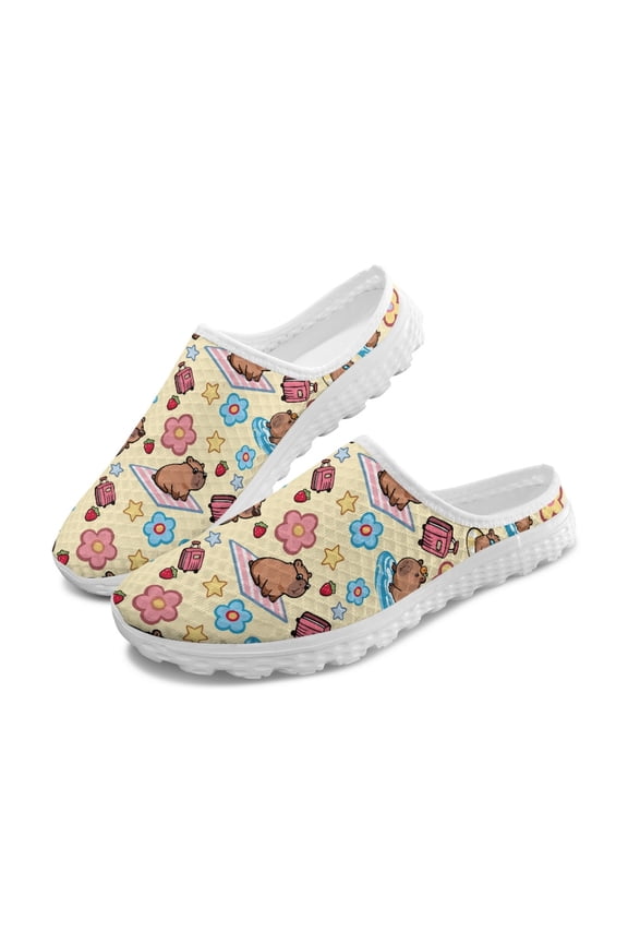 Capybara Beach Pattern Mesh Slip On Shoes with Comfy, Lightweight Breathable Mesh Slip On Clogs for Outdoor Summer Beach