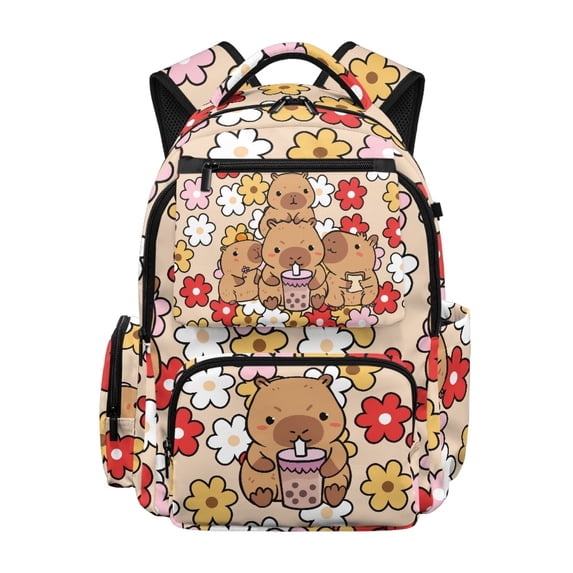 HELLHERO Capybara Boba Tea School Bookbag with Adjustable Shoulder Strap Waterproof School Bag, Multiple Zipper Pockets 17 pollici Zaino per ragazze for Campus Travel Elementary School