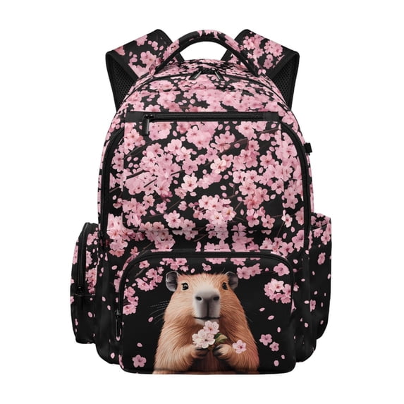 HELLHERO Capybara Cherry Blossom Design School Backpacks with Adjustable Padded Straps Large Capacity Zaino per ragazze, Ergonomic 17 Inch Kids Backpacks for Back to School Elementary School