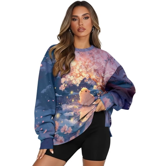 HELLHERO Capybara Cherry Blossom Print Pullover Tops for Women Comfy Oversized Sweater with Pocket Long Sleeve Crewneck Sweatshirt Size S