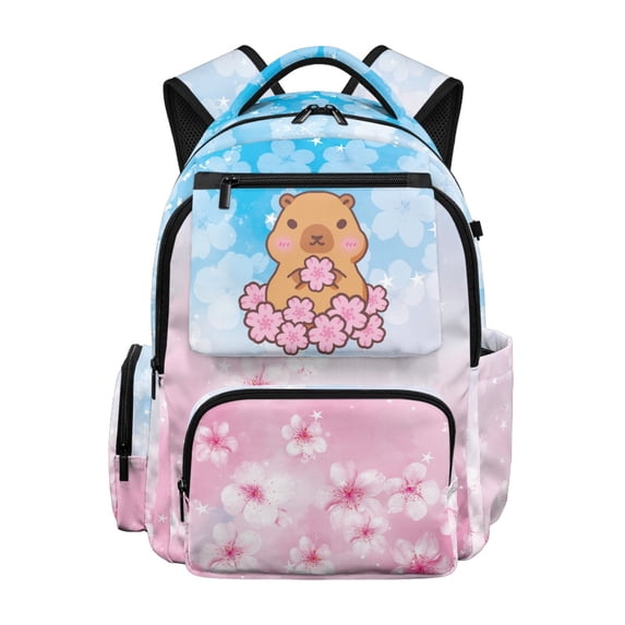 HELLHERO Capybara Cherry Blossoms Kids Backpack with Lightweight, multi-tasche Smooth Zippers 17 Inch School Backpack for Hiking Middle School