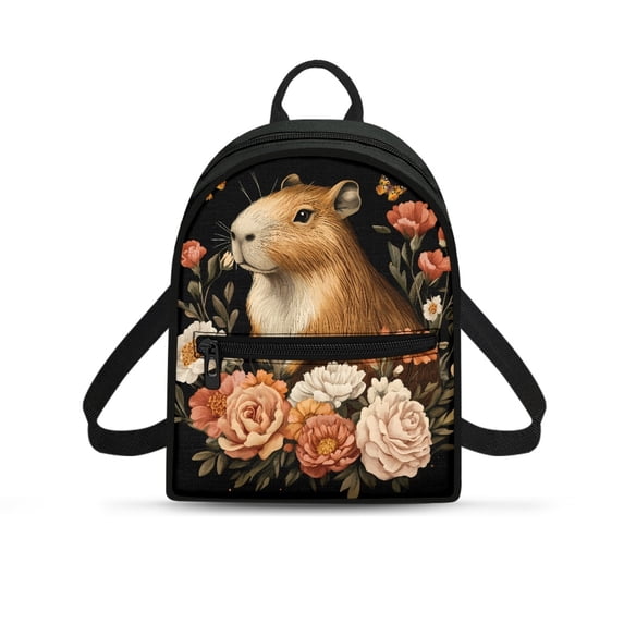 HELLHERO Capybara Floral Small Travel Backpack, Zipper Closure Mini Backpack for Work Shopping Travel, Polyester Zipper Pocket Lightweight Backpack Purse for Women