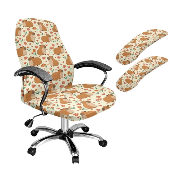 HELLHERO Capybara Flower Print Computer Office Chair Covers Set, Stretchy Office Chair Seat and Back Cover Removable, Breathable Desk Chairs Armrest Cover for Pets
