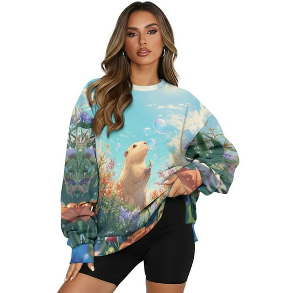 HELLHERO Capybara Flower Print Sweatshirt for Women Soft Crewneck Loose Fitting Pullover Tops Casual Long Sleeve Sweatshirt Size XXXL