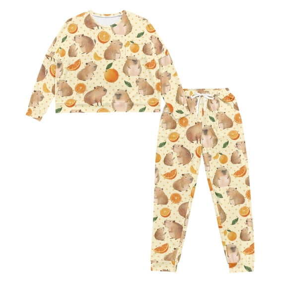 HELLHERO Capybara Orange Printed Women's Pajama Sets Long Sleeve Loungewear Soft Loungewear Crewneck Sleepwear Casual 2 Piece Pjs Set, S
