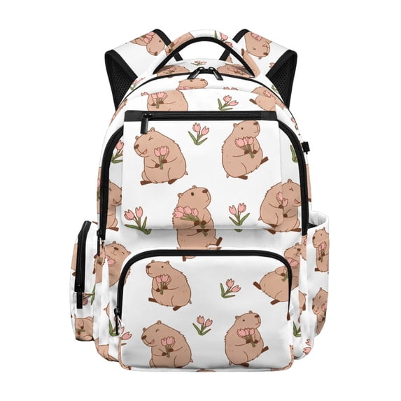 HELLHERO Capybara Tulip School Bag with Lightweight Breathable Book Bag, Padded Shoulder Strap 17 Inch Travel Bags for Kindergarten Back to School Elementary School