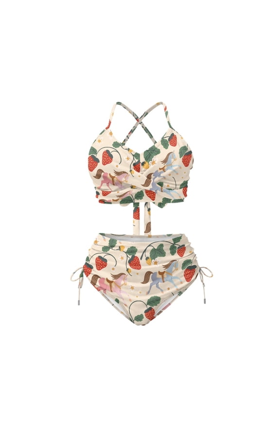 Carousel Horse & Strawberry Print High Waisted Bikini Set - Halter Neck Drawstring 2 Piece Swimsuit for Summer Beach & Vacation