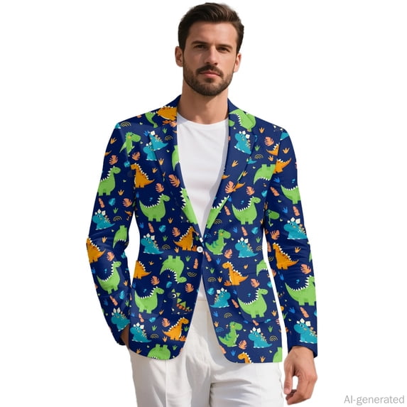 HELLHERO Cartoon Dinosaur Lightweight Coat, One Button Suit Jacket Slim Fit Polyester Suit Separates Coat for Casual