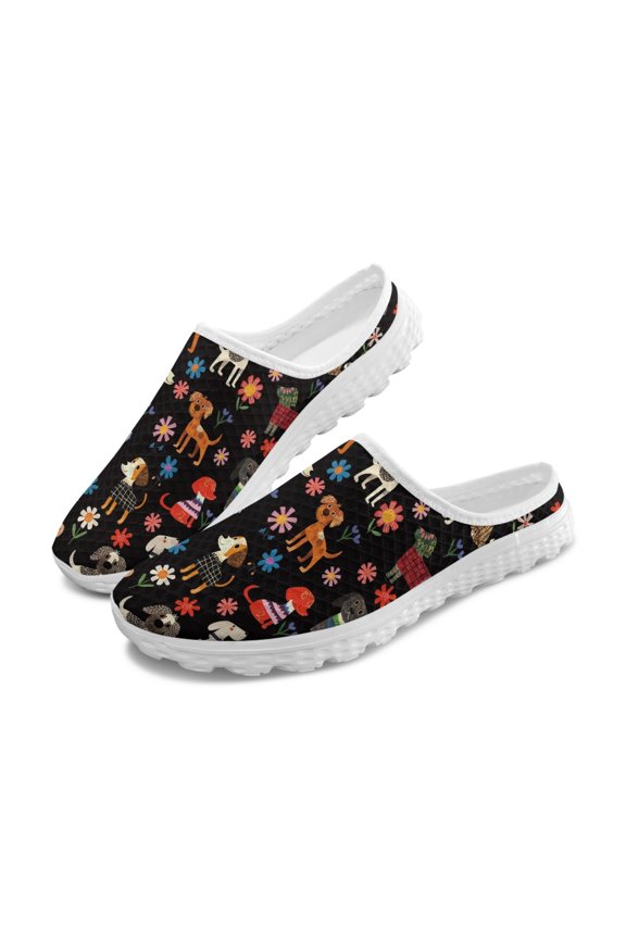 Cartoon Dog & Floral Pattern Breathable Mesh Slip On Mules, Comfortable Lightweight Mesh Slip On Clogs No Lace Mesh Slip On Shoes for Summer Travel