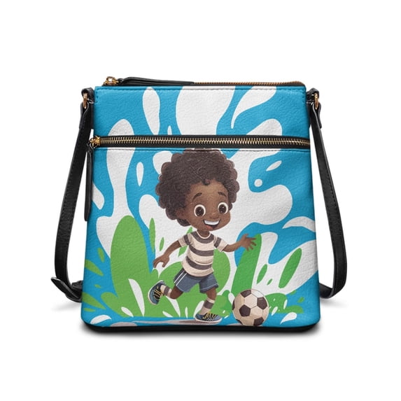 HELLHERO Cartoon Soccer Boy Printed Crossbody Bag, Waterproof PU Leather Satchel Purse with Adjustable Strap for Daily Use and Outdoor Activities