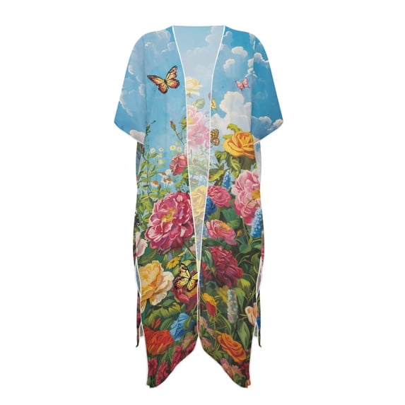 HELLHERO Casual Bikini Coverups for Beach Polyester Half Sleeve Bathing Suit Cover Up Colorful Floral Pattern