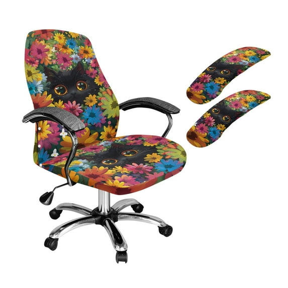 HELLHERO Cat Daisy Print Office Chair Cover Set, Protective Computer Office Chair Cover with Armrest Covers, Universal Desk Chairs Armrest Covers, Machine Washable