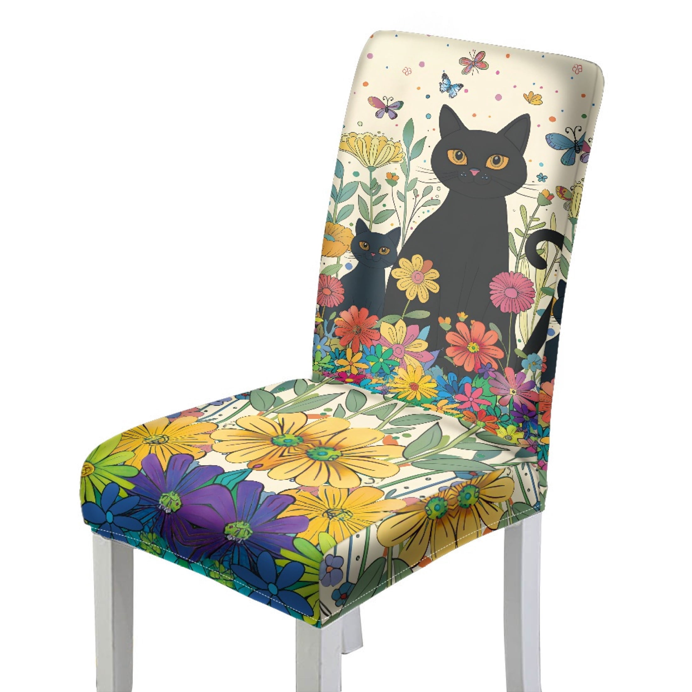 Pattern Chair Covers HELLHERO Cat Floral Pattern Polyester Fabric Dining Chair Covers with ...