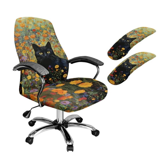 HELLHERO Cat Flower Print Office Chair Cover Set, Universal Stretch Desk Chair Cover with Armrest Protector, Computer Chairs Slipcover with Elastic Band