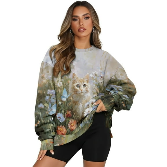 HELLHERO Cat Flower Print Women Pullover Sweatshirt Casual Oversized Crewneck Sweatshirts Long Sleeve Pullover Tops Size M