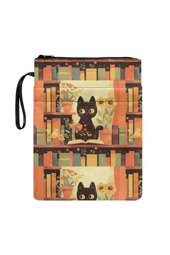 Cat Flowers 1pcs Book Sleeve with Handle Retro Protector Wrap Bag Book Carrying Case with Zipper for Reader Bible Carrier Tote Bag
