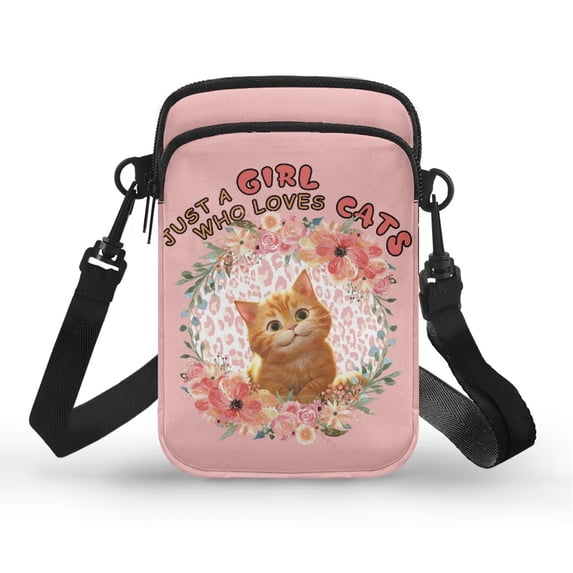 HELLHERO Cat Lover Floral Wreath Crossbody Sling Bags 2 Zippers Adults for Casual Travel 4.33"x1.97"x7.09"