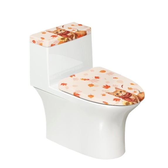 HELLHERO Cat Maple Leaf Toilet Top Cover Set & Adjustable Toilet Lid Seat Cover for Toilet, Polyester, Easy to Install