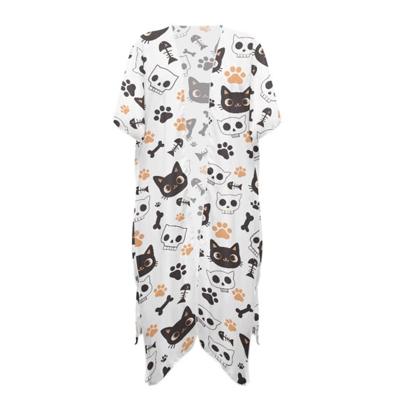 HELLHERO Cat Paw Print Pattern Long Kimono Swimsuit Cover Up Casual Polyester Loose Bathing Suit Cover Up