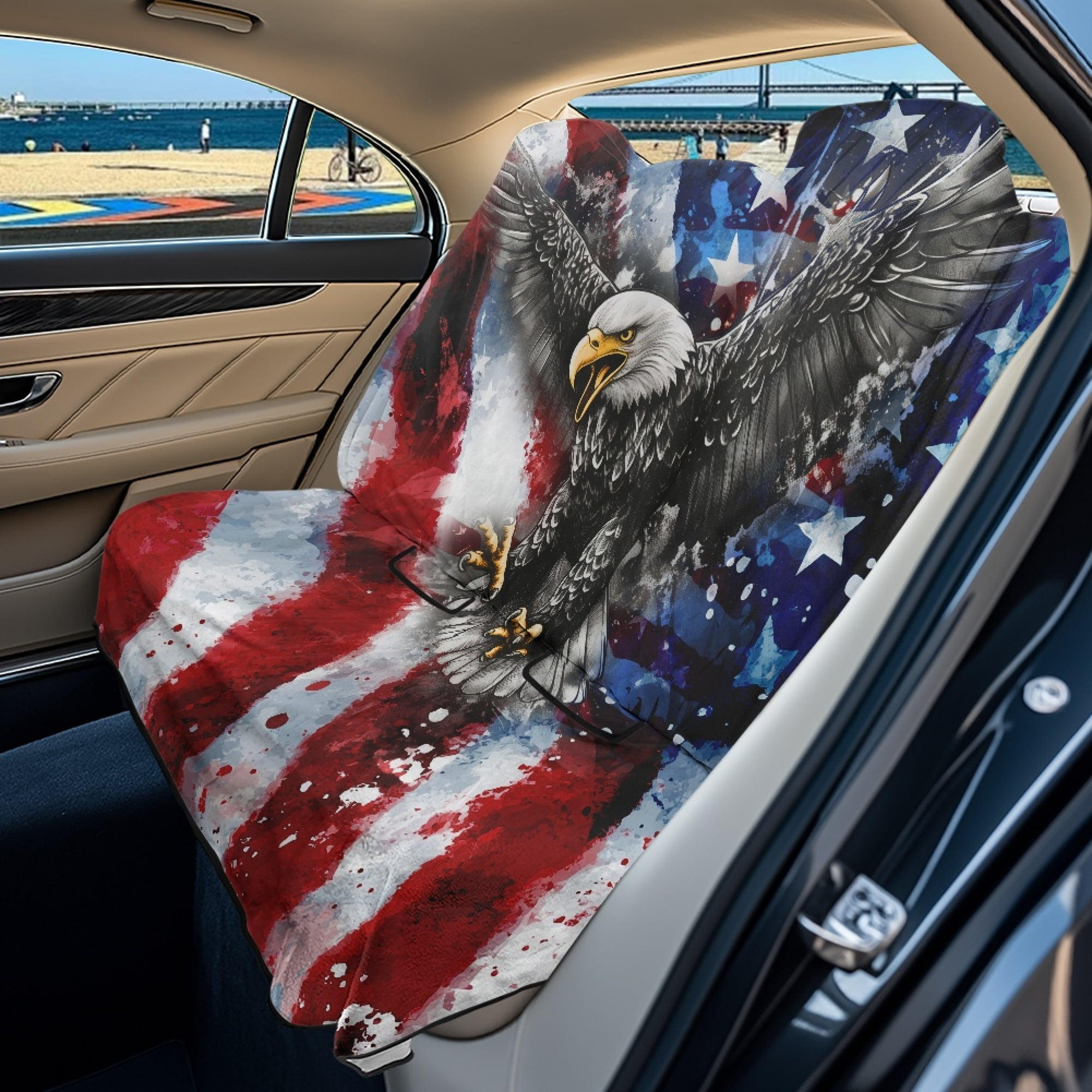 Drydeepin American Flag Eagle Car Back Seat Cover, Rear Bench Seat Towel Cover for Truck SUV Van Sedan, Saddle Blanket After Gym Workout Hiking, Car Accessories