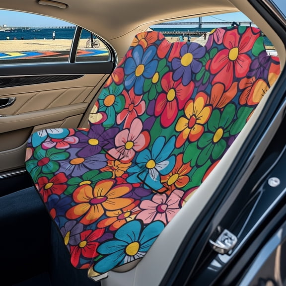 Drydeepin 70S Colorful Hippie Flower Car Seat Cover Towel Backseat Breathable Rear Bench Towel Seat Covers Non-Slip Universal Fit for Sedan Trucks Van SUV, Automotive Seat Protector