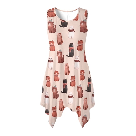 HELLHERO Cat Scarf Pattern Sleeveless Sundress for Vacation Party, Side Pockets Round Neck Ladies Irregular Hem Casual Dress
