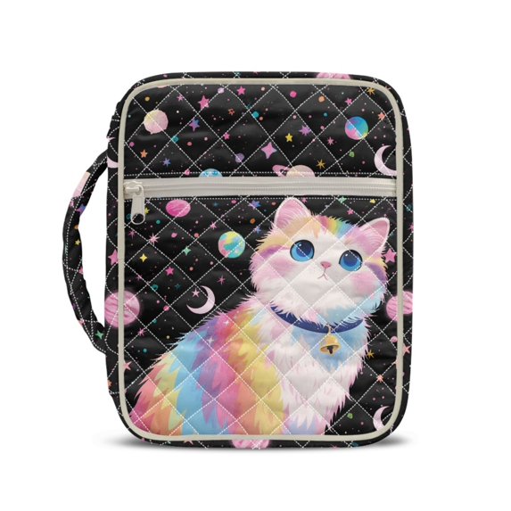 HELLHERO Cat Space Galaxy Print Bible Cover Case for Scripture Study, Polyester Quilted Bible Cover with Washable Reusable Bible Holder Case