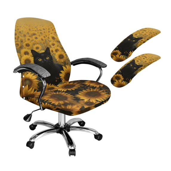 HELLHERO Cat Sunflower Print Office Chair Cover with Armrest Covers, Easy to Clean Gaming Chair Seat Covers, Office Computer Chairs Protector with Elastic Band, Yellow