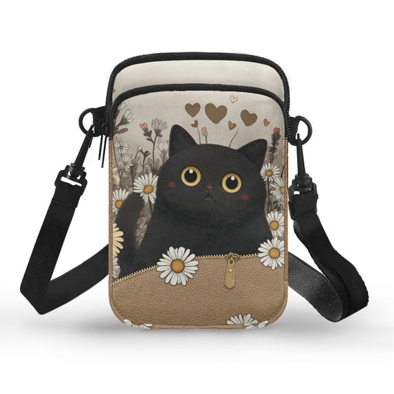 HELLHERO Cat and Daisy Pattern Shoulder Bag, Polyester with Zipper for Unisex