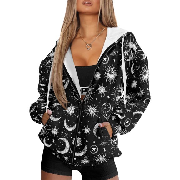 HELLHERO Celestial Moon & Star Pattern Hoodies Drawstring with Drawstring Hood Polyester Fabric Cropped Hoodie for Fall Outdoor