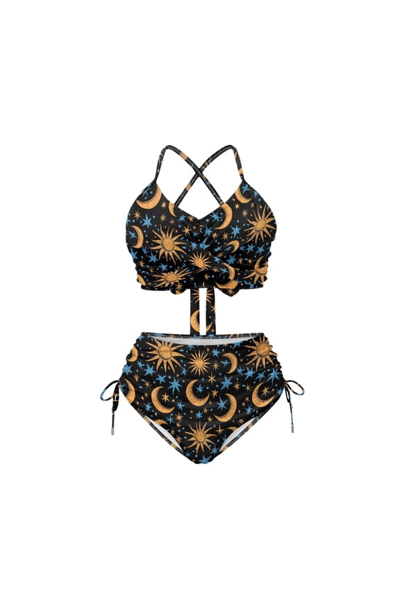 Celestial Sun Moon Star High Waisted Bikini Set - Halter Neck 2 Piece Drawstring Swimsuit for Beach Vacation & Pool Days