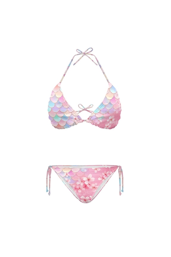 Cherry Blossom Fish Scale Pattern Womens Swimsuits 2 Piece Spandex Plus Size Design Elastic Halter Bikini Set Two Piece