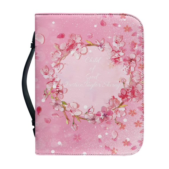 HELLHERO Cherry Blossom PU Leather Bible Bag, Protective Zippered Bible Cover for Bible Study and Church, Portable Tote for Women and Men