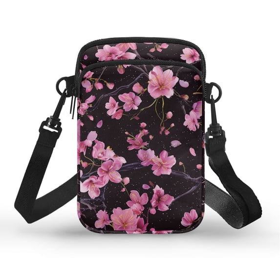 HELLHERO Cherry Blossom Pattern 2 Zippers Double Layer Cross Body Purse Polyester for Women
