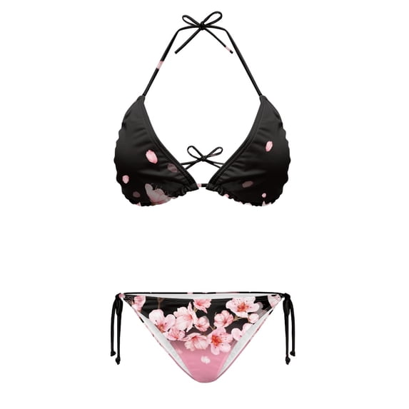HELLHERO Cherry Blossom Print Two Piece Bikini Set Stylish Backless Swimwear for Women Quick Dry Adjustable Halter Removable Pads Perfect for Beach