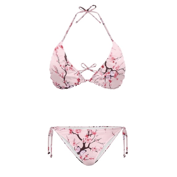HELLHERO Cherry Blossom and Butterfly Pattern Two Piece Bikini Set Stylish Summer Swimwear with Adjustable Halter Tie Side Design Perfect
