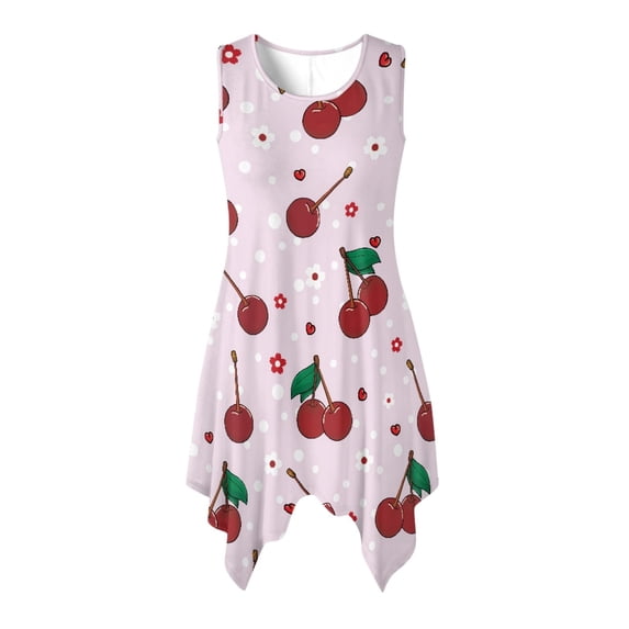 HELLHERO Cherry Polka Dot Pattern Summer Sleeveless Dress, Side Pockets Sleeveless Sundress Round Neck Long Lasting Wear Asymmetric Hem Midi Dress for Daily