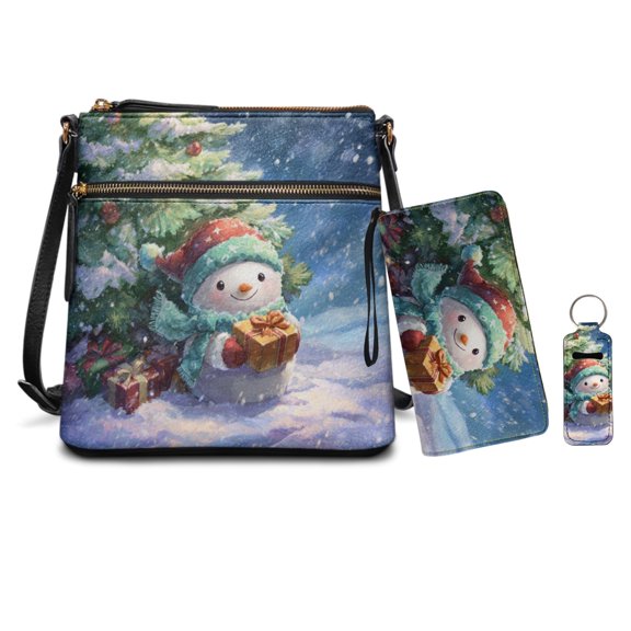 HELLHERO Christmas 3-Piece Leather Crossbody Bag and Wallet Set, Shoulder Bag, Long Purse, Chap Stick Pouch with Adjustable Strap for Travel and Work
