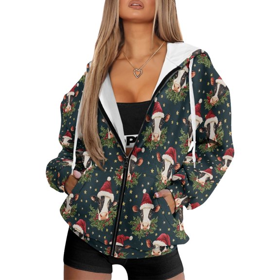 HELLHERO Christmas Calf Full Zip Hoodie Drawstring with Stretch Polyester Fabric Womens Zip Up Hoodies for Fall Travel