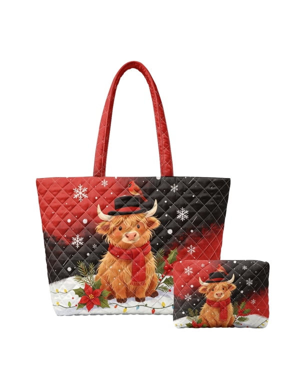 Christmas Highland Cow Purses and Handbags Set for Working, Casual Large Capacity Women's Embroidered Storage Bag Set of 2 Polyester Women's Quilted Bag