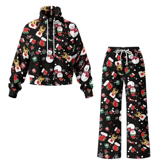 HELLHERO Christmas Icons Black High Collar Women Two Piece Tracksuit ...